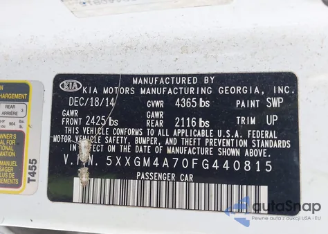 2015 Kia Optima Lx from USA, damaged, VIN 5XXGM4A70FG440815